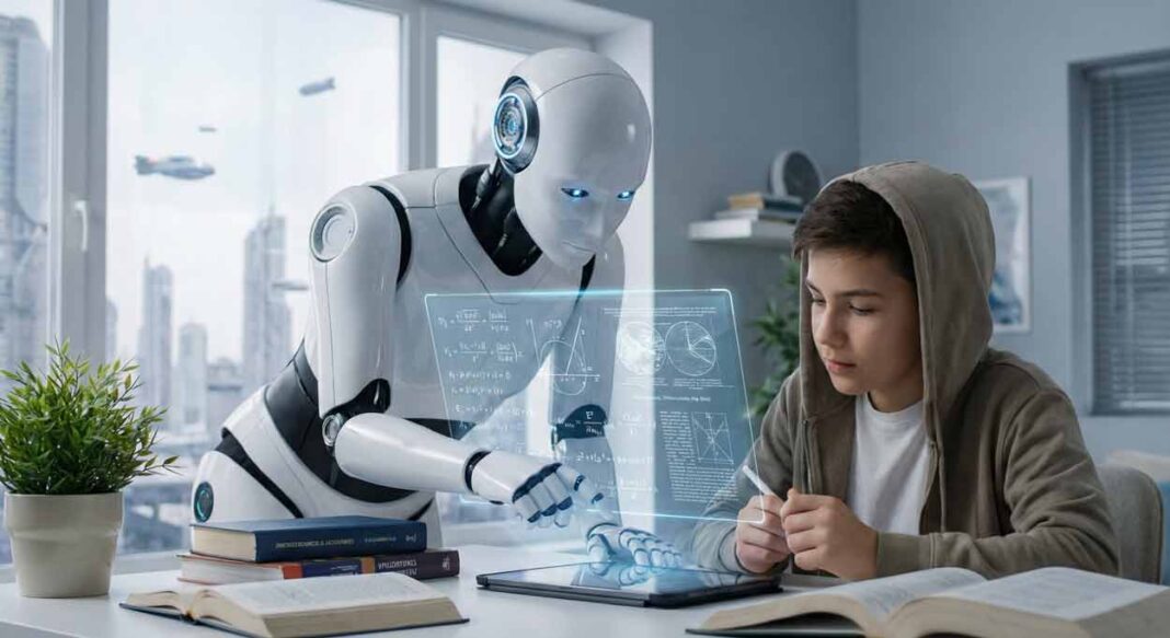 Biely humanoidný robot pomáha žiakovi s učením a vysvetľuje komplexné vzorce pomocou digitálnej projekcie.