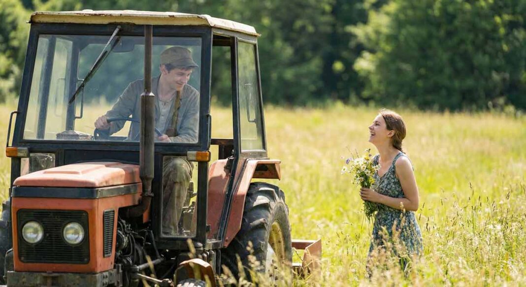 Candid fotografia na slnečnej lúke zachytáva nesmelého mladého muža v pracovnom oblečení a šiltovke na starom červenom traktore, ktorý sa hanblivo pozerá dole. Pod ním stojí mladá žena v letných šatách s náručou lúčnych kvetov, pozerá naňho hore a úprimne, s obdivom sa smeje. Atmosféra je romantická a vidiecka.