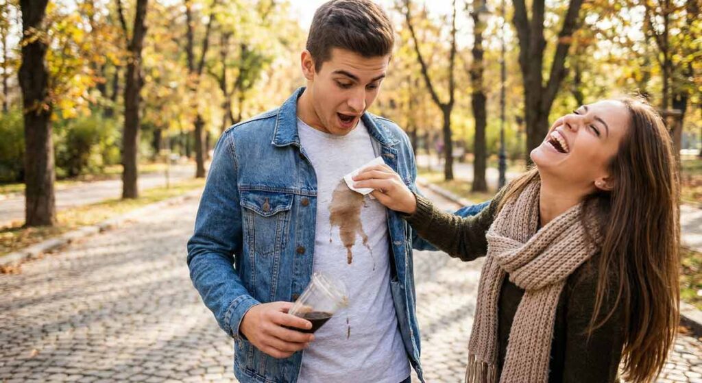 Úprimná, spontánna fotografia mladého páru na rande v jesennom parku. Muž má šokovaný a pobavený výraz, pretože si práve vylial kávu na tričko. Žena vedľa neho sa nahlas a schuti smeje so zaklonenou hlavou, zatiaľ čo mu pomáha škvrnu utrieť servítkou. Z obrázka sála uvoľnená a radostná atmosféra.