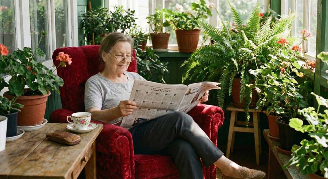Usmievavá babička s dioptrickými okuliarmi sedí v červenom zamatovom kresle na slnečnej verande plnej rastlín a s nádejou si číta ranný horoskop v novinách pri retro šálke.