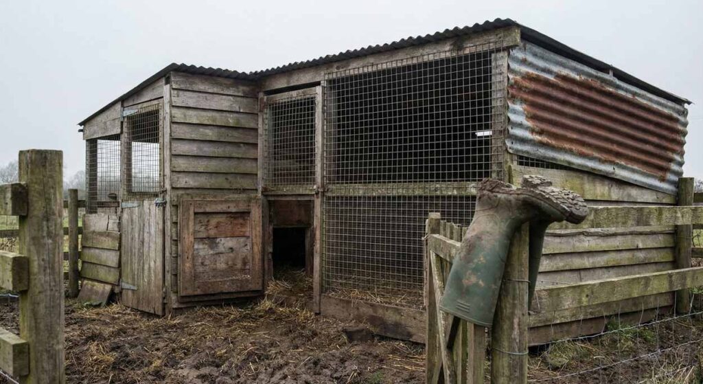 Robustný, funkčný DIY kurník postavený z recyklovaného dreva a vlnitého plechu na blatistom podklade s opretými starými gumákmi.