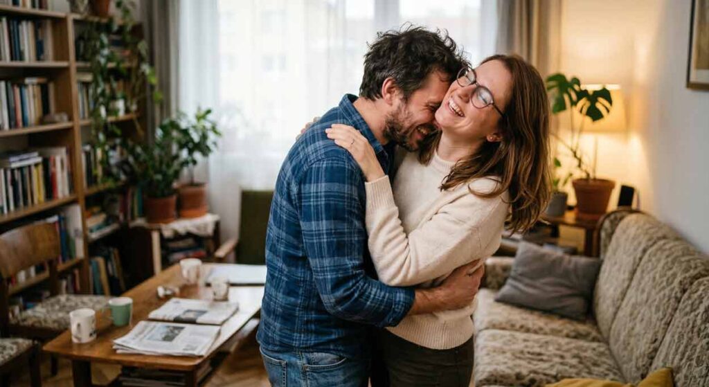 : Šťastní manželia v objatí, smejúci sa a zamilovaní po úspešnom udobrení, znázorňujúci riešenie partnerských konfliktov a harmonický život na Expost.sk.