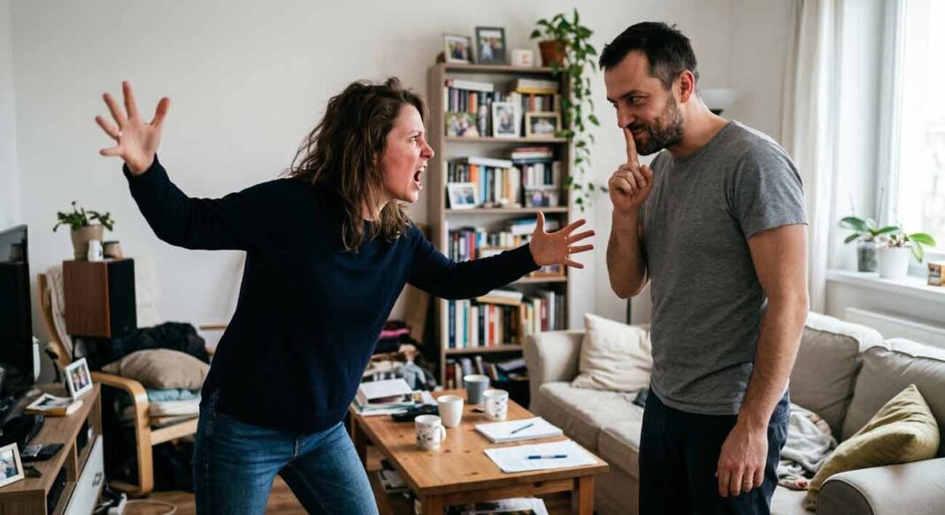 Nahnevaná žena kričí a gestikuluje na muža, ktorý jej sarkasticky ukazuje gesto ticha „pšššt“ počas ostrej hádky v obývačke.