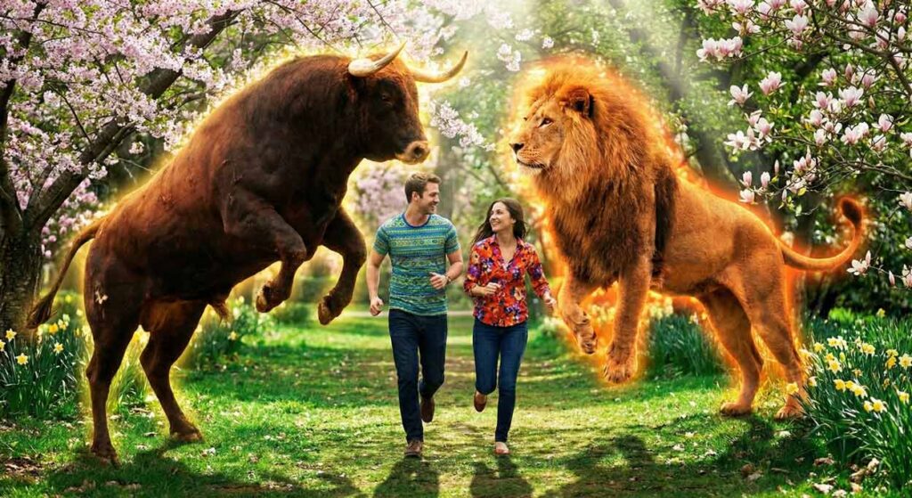 Mladý pár bežiaci v rozkvitnutom jarnom parku sprevádzaný majestátnym býkom a levom so svetelnou aurou, ktorí symbolizujú ich znamenia zverokruhu a vnútornú energiu.