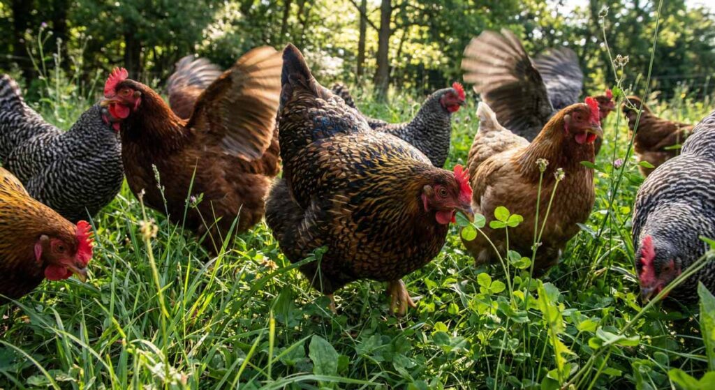 Dynamický záber zospodu na kŕdeľ zdravých nosníc rôznych plemien, ktoré sa aktívne pasú a hľadajú potravu vo vysokej zelenej tráve zaliatej slnkom.