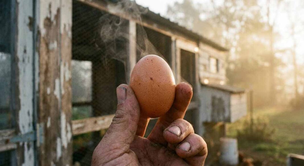 Detail mozoľnatej mužskej ruky držiacej čerstvo znesené, ešte teplé domáce vajíčko v rannom opare pred kurníkom.