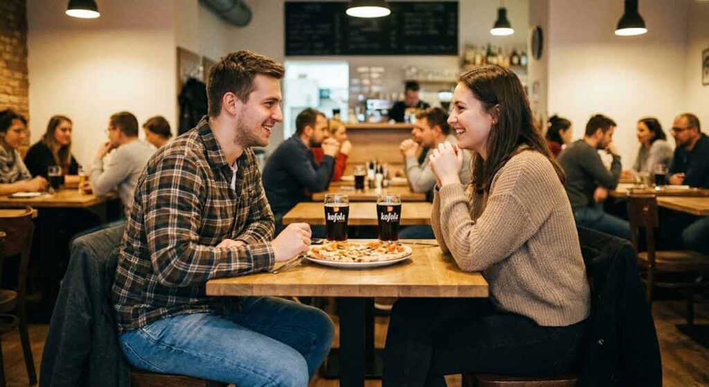 Autentická fotografia bežného mladého páru na rande v rušnom bistre. Muž v károvanej košeli a žena v pletenom svetri nadväzujú očný kontakt, úprimne sa usmievajú a sústredene konverzujú nad spoločnou pizzou a pohármi Kofoly. Atmosféra je uvoľnená a prirodzená.