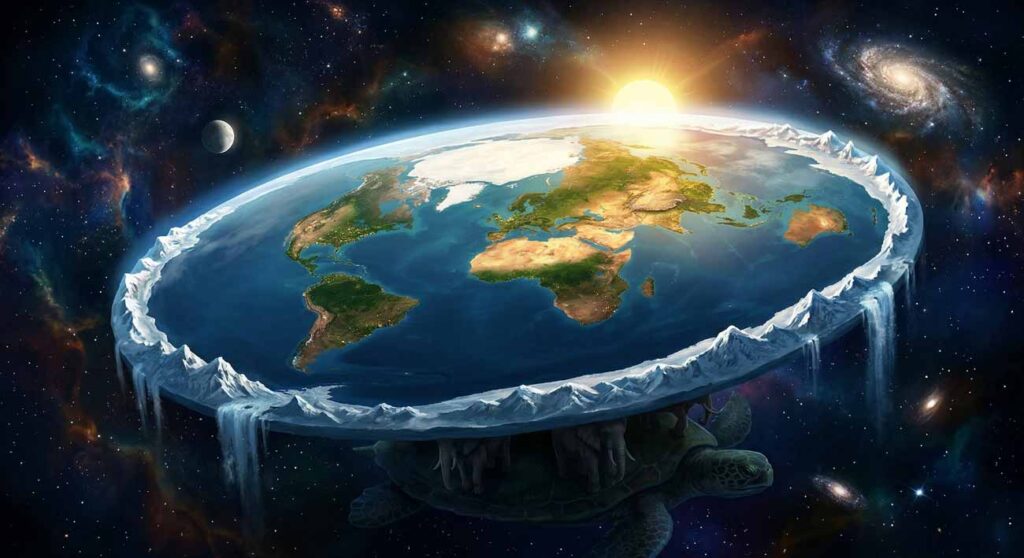 Umelecká ilustrácia modelu plochej Zeme v hlbokom vesmíre, ktorá spočíva na chrbtoch štyroch slonov stojacich na obrovskej korytnačke, znázorňujúca populárny mýtus a historické konšpiračné predstavy o tvare sveta.