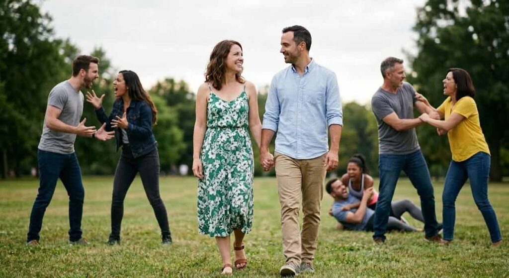 Šťastný a usmievavý pár kráča vpred, zatiaľ čo v pozadí sa ostatné manželské páry agresívne hádajú a bijú, čo ilustruje rozdiel medzi harmonickým a toxickým vzťahom na Expost.sk.