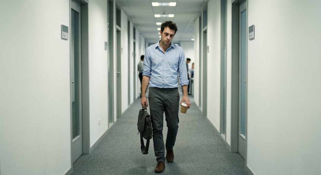 Vyčerpaný a smutný muž kráča po sterilnej bielej kancelárskej chodbe s kávou v ruke, znázorňujúci dopad partnerského konfliktu na pracovný výkon.