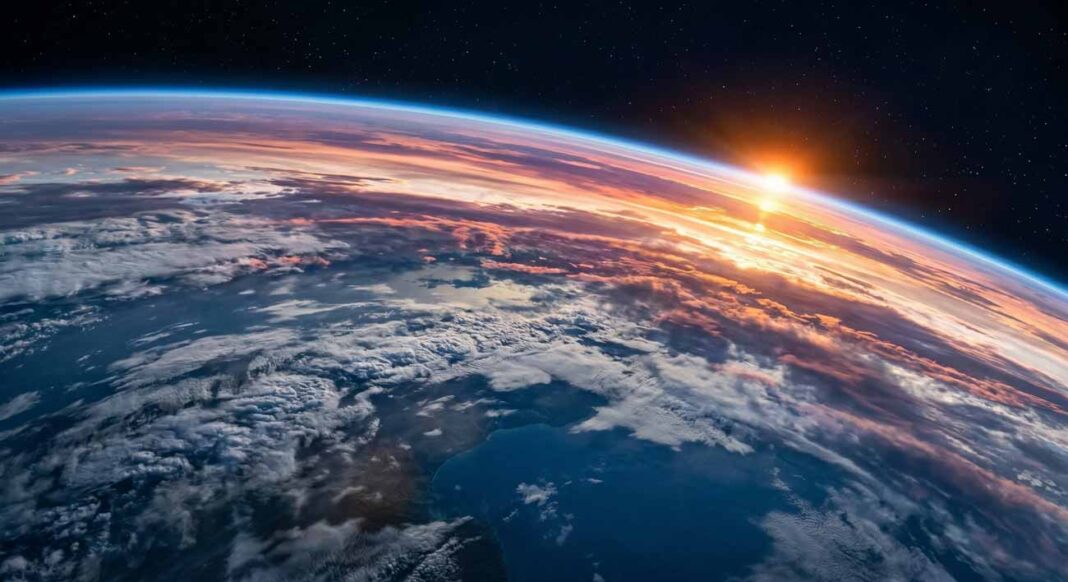 Detailný pohľad na zakrivený horizont zemegule z vesmíru so žiarivou modrou atmosférou a bielymi oblakmi počas západu slnka, jasne dokumentujúci sférický tvar planéty Zem.