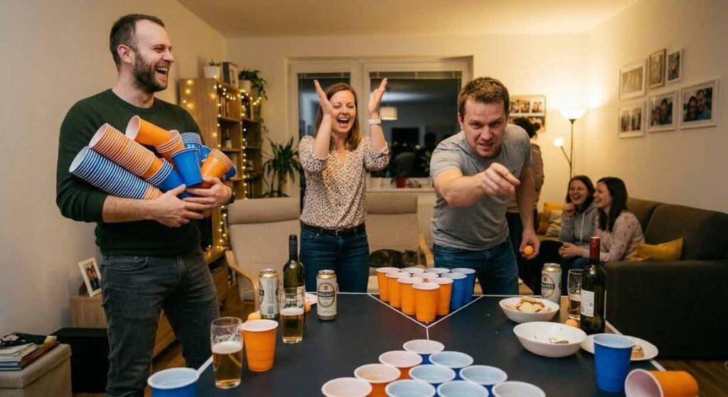 Detailný záber troch priateľov (z partie strednej triedy v Bratislava) pri stole na Beer Pong počas domácej párty v obývačke. Vľavo stojí bearded muž so strapatými vlasmi, ktorý drží v náručí obrovskú kopu oranžových plastových pohárov, smejúc sa. Vedľa neho sa ďalší muž sústredí na hod loptičky, kým žena divoko tlieska rukami a povzbudzuje ho so širokým úsmevom. Na stole sú usporiadané poháre s pivom a občerstvenie.