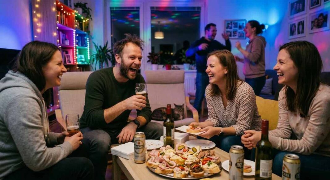 Skupina priateľov v jednoduchom oblečení sa úprimne zabáva na domácej párty v obývačke. V popredí na stole sú tradičné chlebíčky, pivo a víno. Farebné párty svetlá vytvárajú divokejšiu atmosféru, zatiaľ čo sa muž so strapatými vlasmi nekontrolovateľne smeje v kruhu svojich známych.