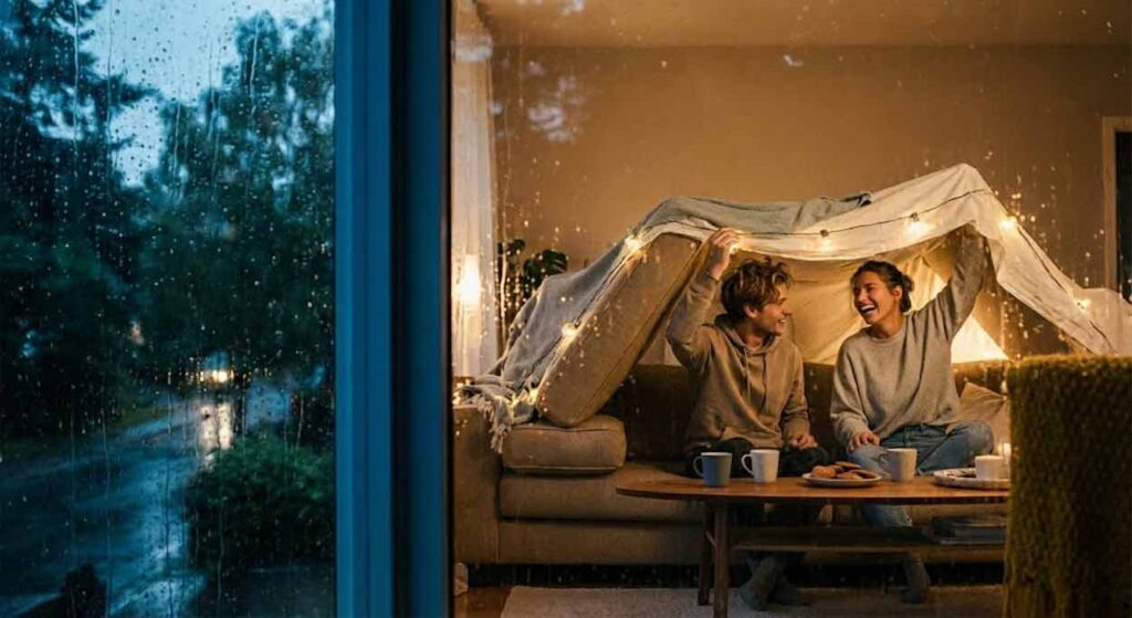 Cez upršané okno je vidieť mladý pár, ktorý sa smeje pri stavaní veľkej pevnosti z diek a vankúšov v útulnej, teplo osvetlenej obývačke.