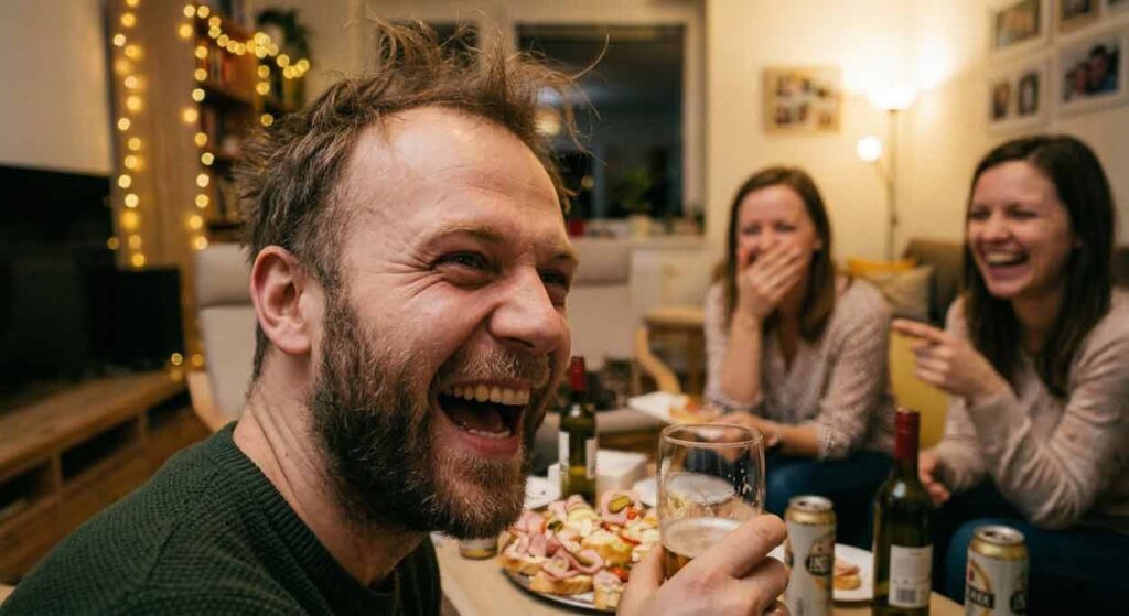 Detailný záber na tvár muža so strapatými vlasmi, ktorý sa nekontrolovateľne rehoce po záludnej otázke v hre „Nikdy som...“. V pozadí sú rozmazané smejúce sa postavy priateľov a autentická atmosféra domácej párty v obývačke s teplým svetlom. Fotografia zachytáva vrcholnú emóciu radosti a uvoľnenia.