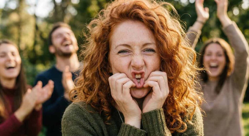 Detailný záber na tvár ryšavej ženy s kučeravými vlasmi, ktorá vtipnou mimikou a rukami pri ústach napodobňuje slona. V pozadí sú kvôli malej hĺbke ostrosti rozmazaní priatelia, ktorí sa smejú a tlieskajú. Fotografia zachytáva autentický moment kreativity a uvoľnenej zábavy počas hry Activity.
