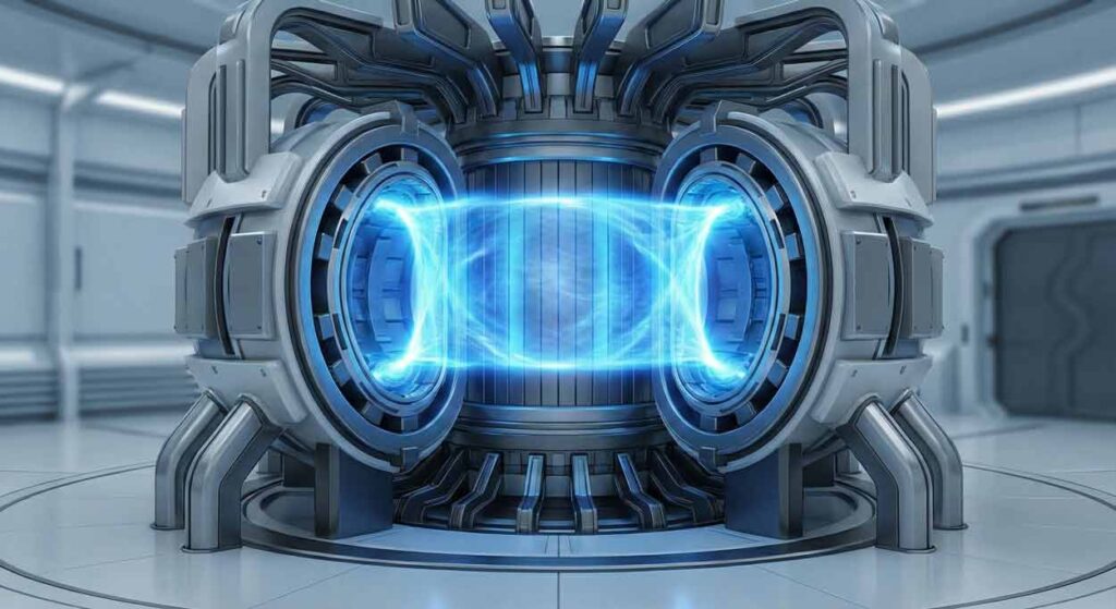 Detailný pohľad na futuristický jadrový fúzny reaktor so žiariacou modrou plazmou, symbolizujúci revolučný zdroj energie.