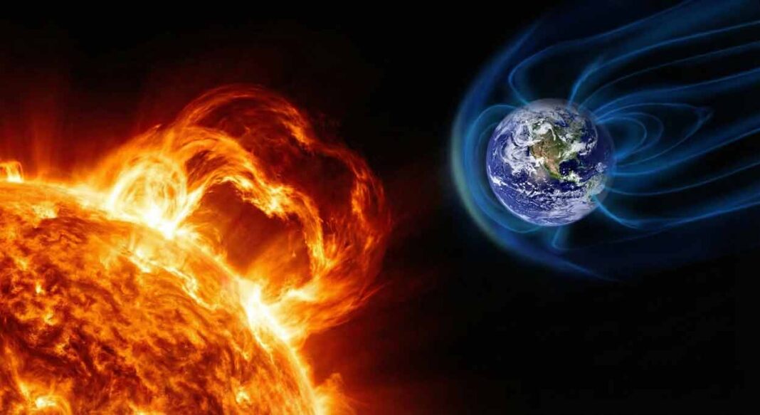 Dramatická vizualizácia mohutnej solárnej búrky smerujúcej zo Slnka k planéte Zem, znázorňujúca proroctvo o slnečnom tsunami. Baba Vanga.