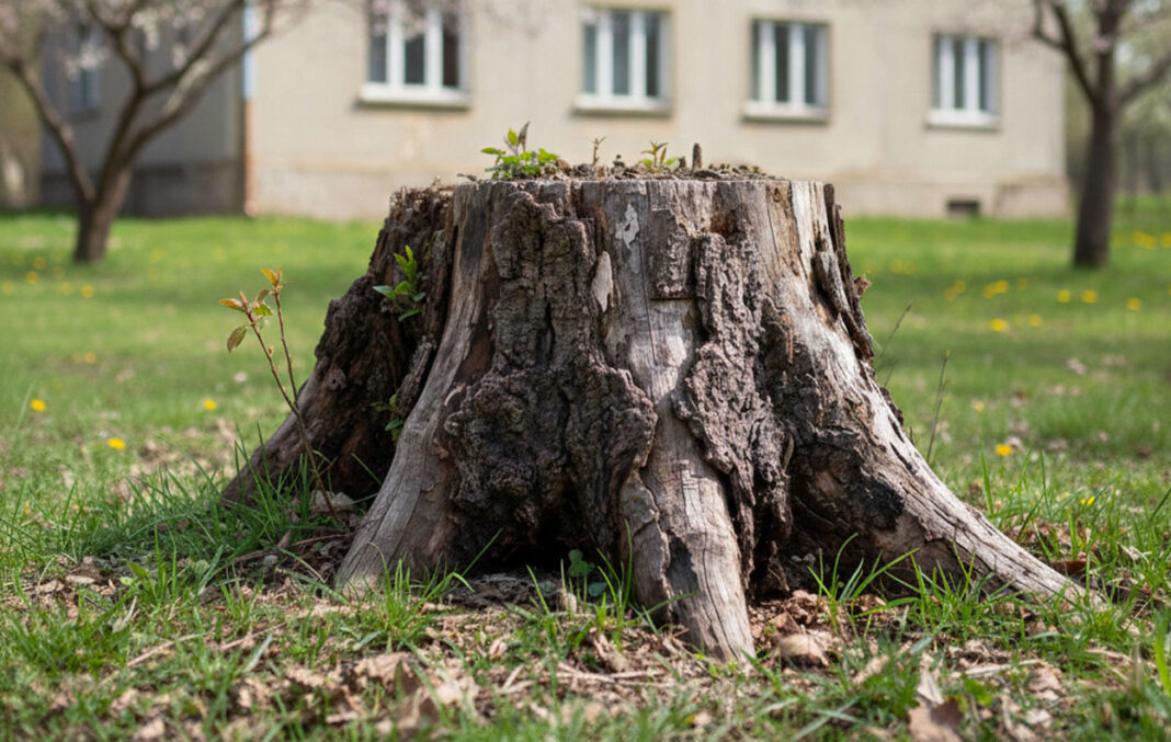 Detailný záber na neošetrený, starý peň stromu v predzáhradke, v rozostrenom pozadí je vidieť typický dvojpodlažný starý rodinný dom počas jari.