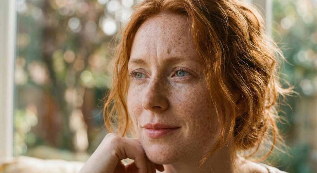 Autentický portrét ryšavej ženy s množstvom pieh a modro-zelenými očami, ktorá s jemným úsmevom rozjíma a hľadí von z okna na zelené stromy.