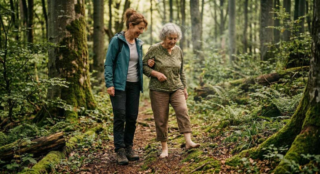 Babička kráčajúca bosá v pralese s dcérou ako praktická ukážka tréningu kognitívnej plasticity a prevencie demencie.