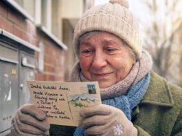 Detail tváre dojatej babičky so slzami v očiach a červenými líčkami, na ktoré dopadajú lúče mrazivého slnka, kým v rukách drží ručne písanú vianočnú pohľadnicu.