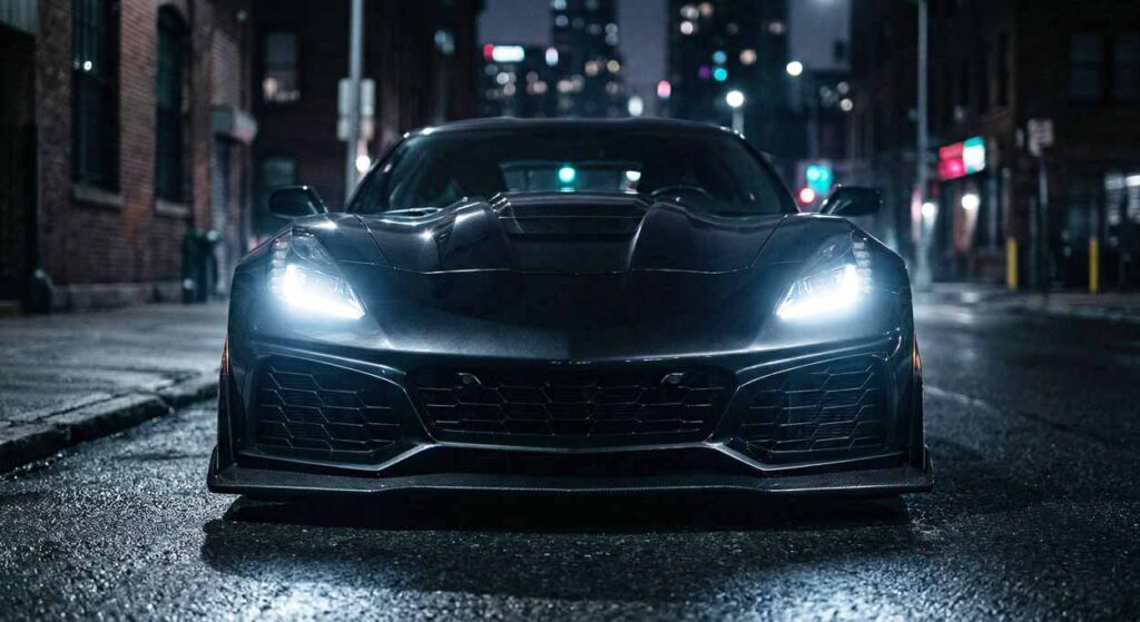 Detailný záber na agresívnu tvár auta so zapnutými svetlometmi v noci, znázorňujúci jav pareidólia a antropomorfizmus v automobilovom dizajne.