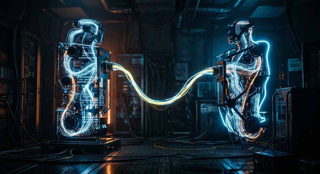 Dvaja humanoidní roboti bez tváre prepojení svetelným káblom v tmavom technologickom prostredí, symbolizujúci čistý tok dát bez emócií a človečiny.