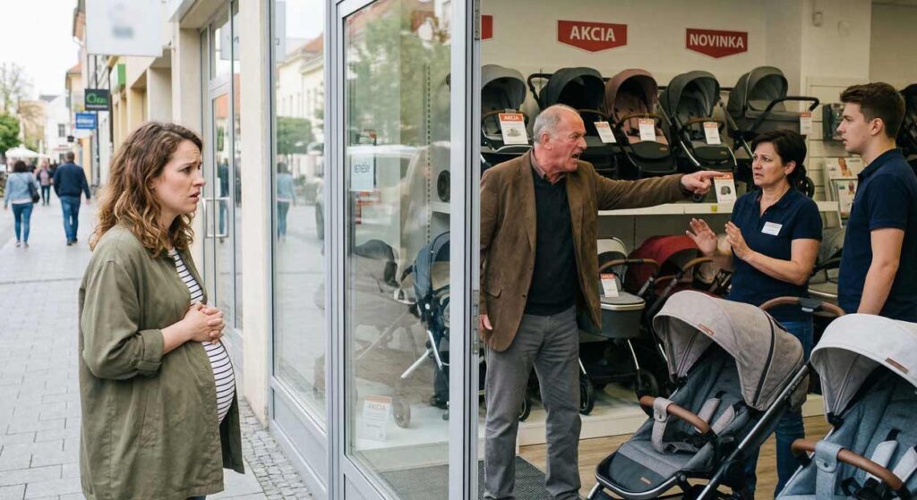 Dramatický záber z predajne detských kočíkov, kde starší muž v hnedom saku agresívne kričí a ukazuje prstom na personál obchodu. Za sklom výkladu, mimo predajne, stojí jeho tehotná dcéra v olivovej bunde, ktorá situáciu sleduje s výrazom úzkosti a šoku. Scéna ilustruje moment, kedy algoritmus odhalil súkromné informácie skôr, než ich dotknutá osoba stihla oznámiť rodine.