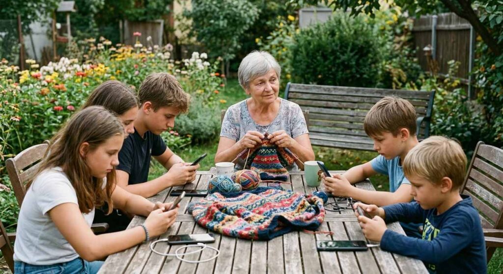 Fotorealistický záber na babičku štrikujúcu farebný vlnený sveter za dreveným stolom v rozkvitnutej záhrade. Okolo nej sedí päť vnúčat, ktoré sú však úplne pohltené svojimi smartfónmi a babičku si nevšímajú. Obrázok pre EXPOST.sk ilustruje úpadok skutočnej ľudskej interakcie v digitálnej ére.
