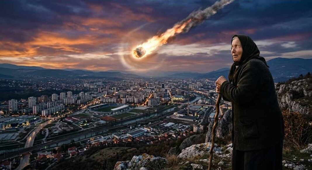 Fotorealistický záber na staršiu ženu so šatkou na hlave a drevenou palicou, ktorá stojí na skalnatom kopci. Hľadí na rozľahlé moderné mesto v údolí počas dramatického súmraku, zatiaľ čo na oblohe mieri k zemi veľký horiaci meteorit s jasným ohnivým chvostom.