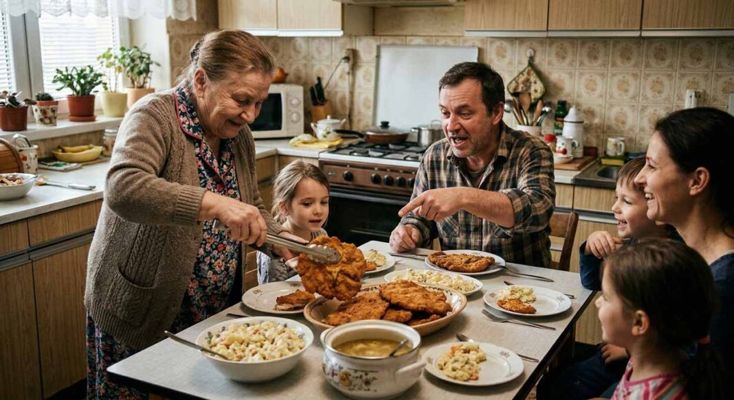 Viacgeneračná fotografia šťastnej slovenskej rodiny, ktorá si vychutnáva tradičný nedeľný obed okolo preplneného stola v starej, rustikálnej kuchyni. Staršia babička (babička) v kvetovaných šatách sa usmieva, keď podáva obrovský, chrumkavý vysmážaný bravčový rezeň (rezeň) pomocou kovových klieští na tanier mladého vnúčaťa. Na stole sú misy so zlatistými rezňami a veľká miska zemiakového šalátu. Muž ukazuje prstom na rezeň na svojom tanieri a rozpráva, zatiaľ čo sa iné deti a mladšia žena usmievajú.