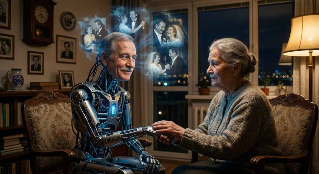 Staršia žena s výrazom hlbokej lásky v útulnej domácej obývačke v Bratislave, s láskou hľadí na domáceho robota s hyperrealistickou tvárou jej zosnulého manžela. Nad robotovou hlavou pláva holografická, modro-zlatá projekcia starých čiernobielych fotografií ich spoločného tanca, čo znázorňuje klamlivú a parazitickú povahu nostalgie vyvolanej technológiou. Vizualizácia technologickej pasce a psychológie nostalgie pre portál expost.sk.