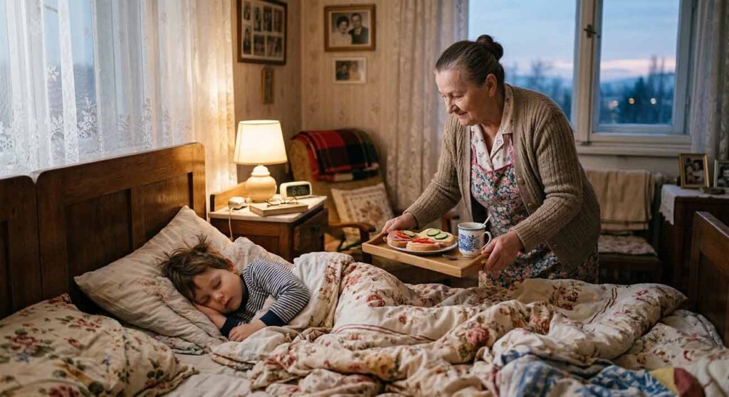Láskavá stará mama nesie podnos s raňajkami a čajom spiacemu vnúčikovi skoro ráno, ilustrujúca rozdiel v biorytme generácií.