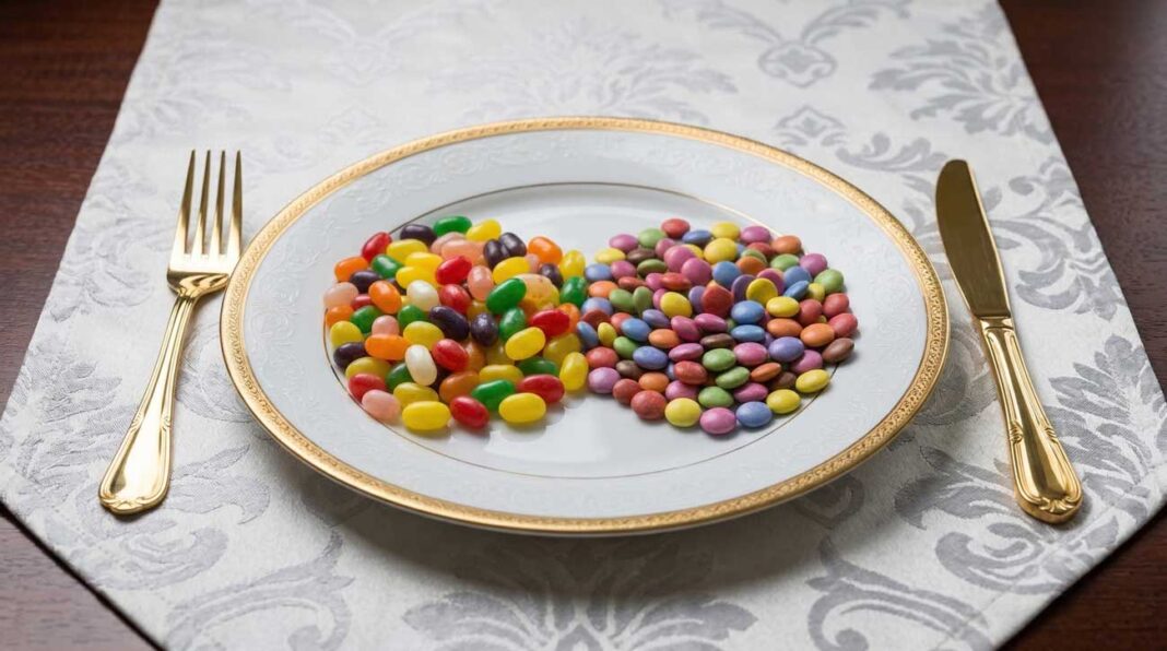 Luxusný biely tanier so zlatým príborom, na ktorom sú naservírované pestrofarebné cukríky jelly beans a lentilky – vizuálna metafora pre bod slasti a závislosť na cukre.