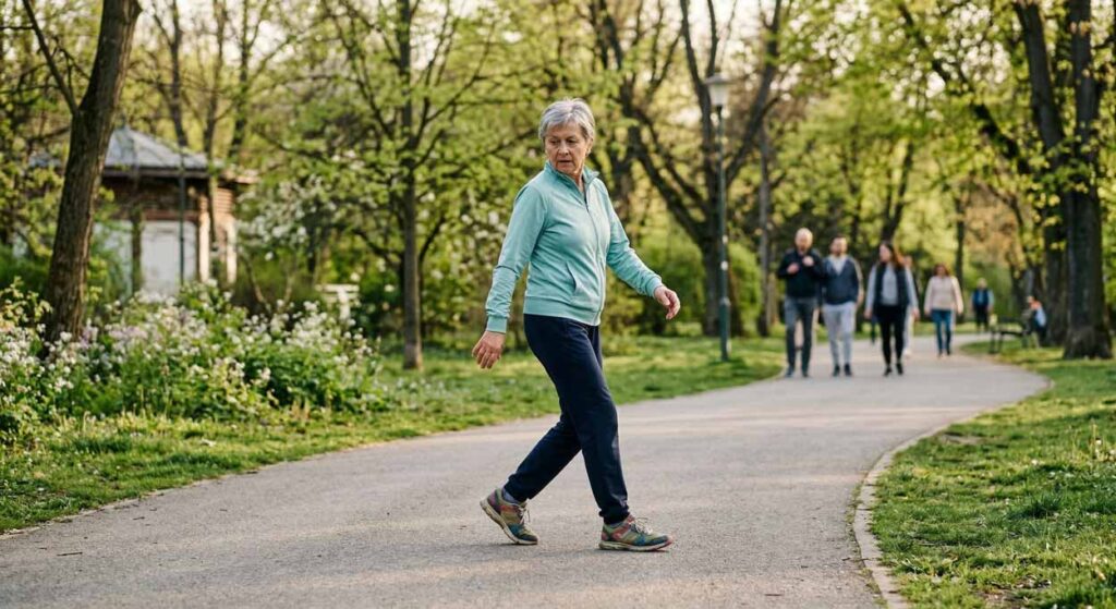 Staršia žena v jarnom parku trénuje retro walking pre zdravé kolená a lepšiu rovnováhu.