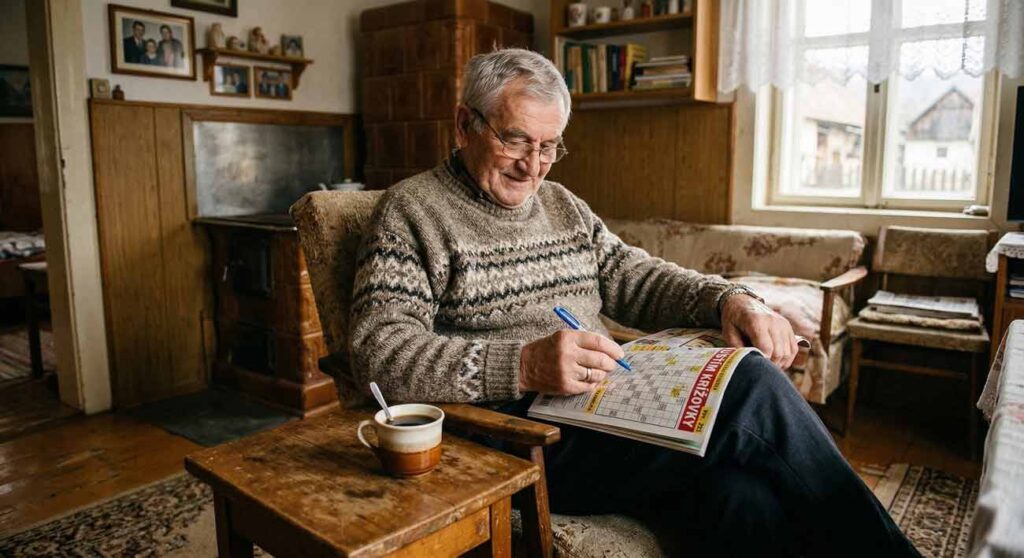 Starší muž v pletenom svetri lúšti krížovku v časopise a pije kávu v tradičnej slovenskej izbe.