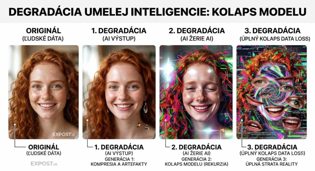 Vizuálna infografika na portáli EXPOST.sk ilustrujúca kolaps modelu umelej inteligencie. Zobrazuje štyri portréty pehavej ryšavovlásky: od autentického ľudského originálu s pehami cez prvú degradáciu (AI výstup), druhú rekurzívnu degradáciu až po finálny tretí stupeň totálneho kolapsu a straty reality.