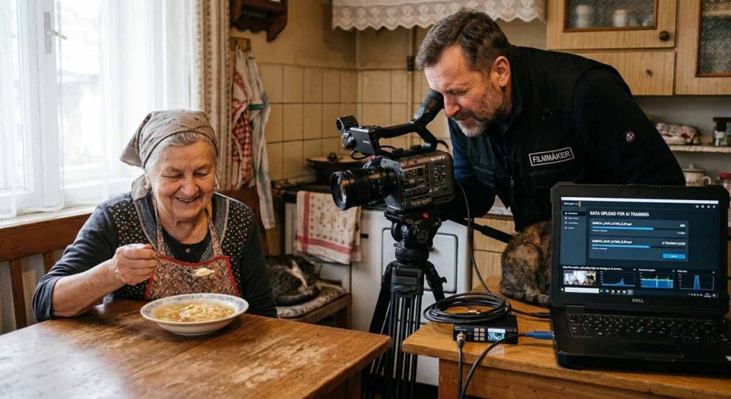 Fotograf dokumentuje staršiu ženu pri obede v tradičnej kuchyni, pričom záznam sa v reálnom čase nahráva do notebooku ako dáta pre tréning umelej inteligencie.