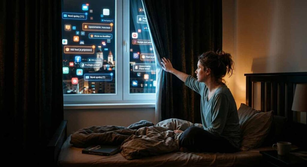 Žena v tmavej spálni zaťahuje záves pred oknom, za ktorým v nočnej oblohe plávajú rušivé digitálne notifikácie a ikony aplikácií v mobile. Symbolika rituálu digitálneho pôstu, ochrany duševného zdravia a spánku na portáli EXPOST.sk.