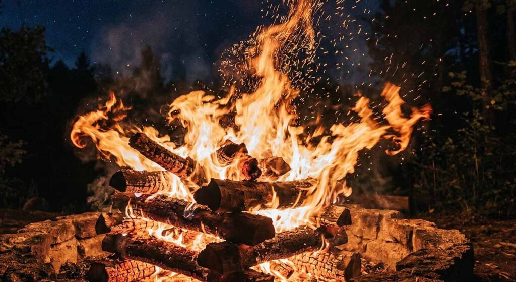 Detailný, dynamický záber na veľké, dokonale naskladané polená dreva v kruhovom kamennom ohnisku. Oheň je vysoký, roaring, s tisíckami zlatých a oranžových iskier, ktoré vzlietajú do tmavej modrej hviezdnatej noci nad lesom, ilustrujúci surovú silu a krásu ohňa pre EXPOST.sk.