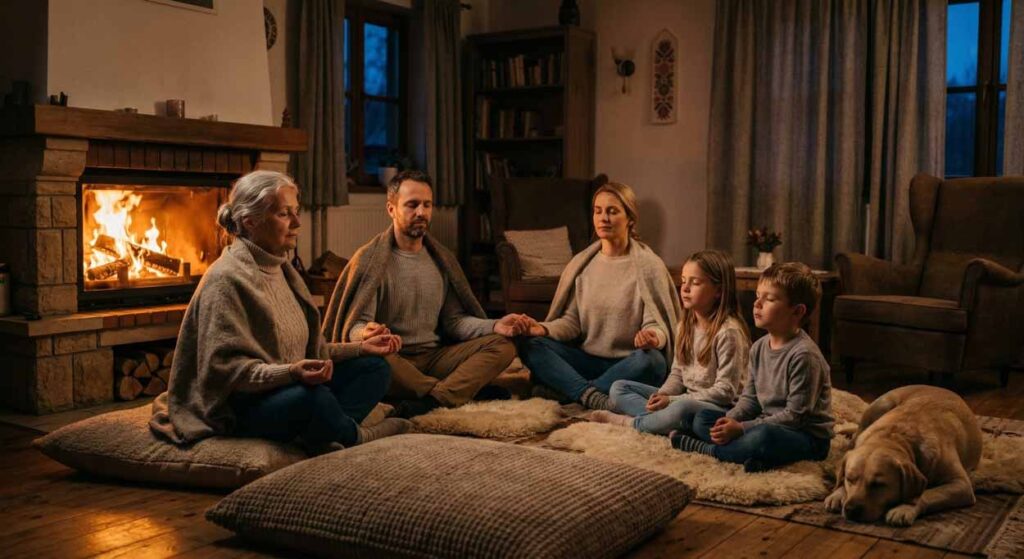 Viacgeneračná rodina s deťmi a starou mamou sedí v tichej meditácii pred moderným domácim krbom, osvetlená teplým svetlom plameňov, symbolizujúc bezpečie a rodinnú pohodu pre EXPOST.sk.