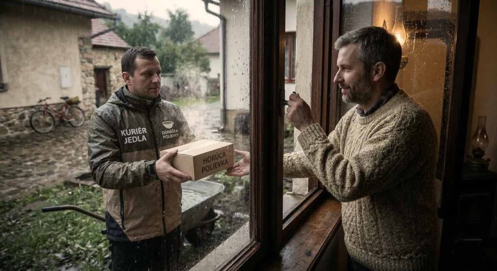 Mladý muž preberá krabicu s nápisom Horúca polievka od kuriéra cez otvorené okno počas silného dažďa.