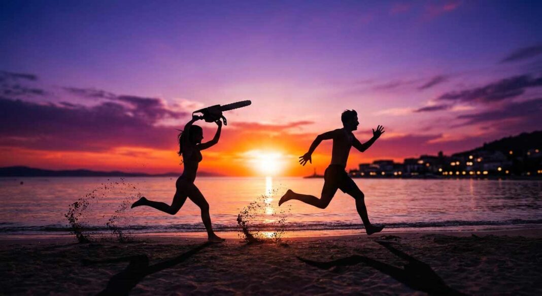 Satirický záber siluet na pláži počas fialovo-oranžového západu slnka, kde žena v behu naháňa muža s motorovou pílou nad hlavou, znázorňujúci dovolenku ako test vzťahu a extrémnu letnú krízu. Kríza vo vzťahu partnerov.