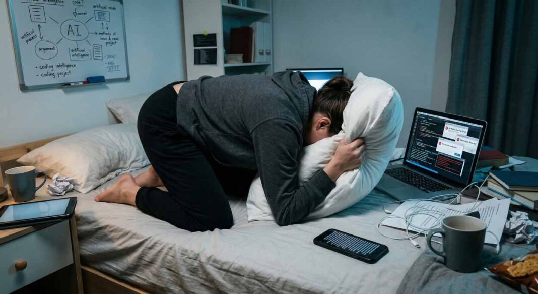 Zúfalá žena kľačí na posteli v tmavej izbe a od frustrácie si tlačí tvár do vankúša. Okolo nej je neporiadok, otvorený notebook s chybovými hláškami a v pozadí biela tabuľa s nákresmi o umelej inteligencii (AI).