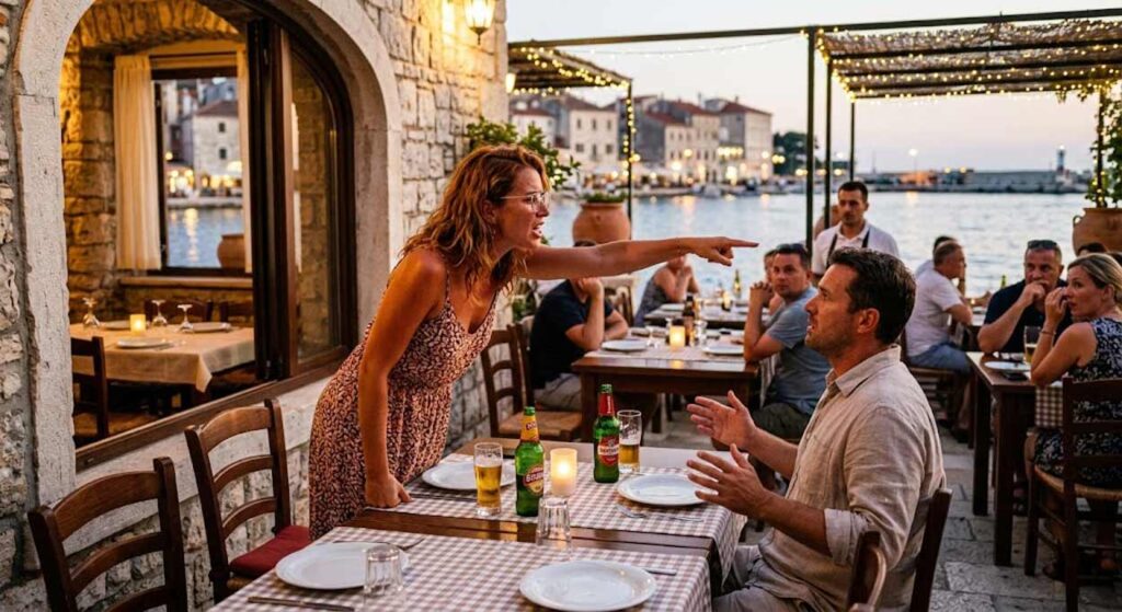 Mladý pár sa nahnevane háda v chorvátskej reštaurácii pri mori počas večere, žena ukazuje na stôl pri okne a kričí na partnera, ilustrujúc psychologický stres na dovolenke a letnú krízu vo vzťahu.