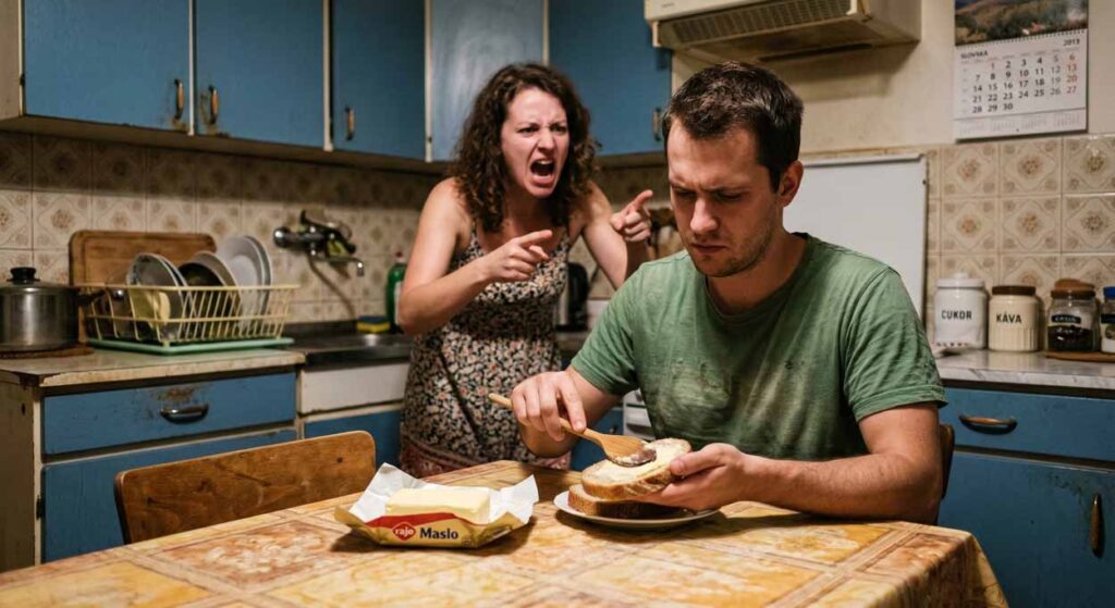 Kríza vo vzťahu: Detailný záber muža, ktorý si v starej retro kuchyni natiera chlieb maslom pomocou drevenej varechy, zatiaľ čo jeho partnerka v pozadí nepríčetne kričí, čím ilustruje agresivitu v maličkostiach a hlbokú krízu vo vzťahu.