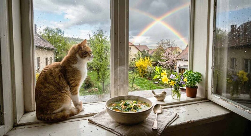 Detailný záber na horúcu polievku a ryšavého kocúra na parapete okna, cez ktoré je vidieť jarný dážď a jasnú dúhu nad záhradou.