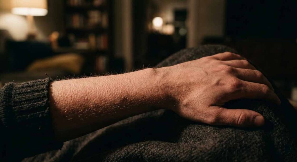 Detailný makro záber na husiu kožu na ľudskom predlaktí, filmovo nasvietený v teplom, tlmenom domácom osvetlení. Obraz zachytáva fyzickú reakciu známú ako frisson, vyvolanú počúvaním nostalgickej hudby alebo silným emocionálnym zážitkom, pripravený pre portál expost.sk.