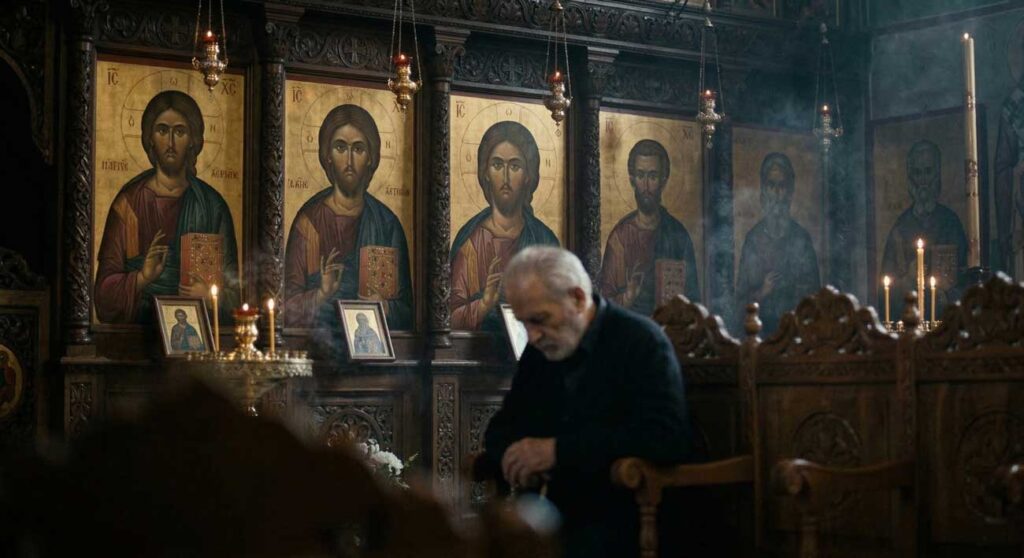 Detailný pohľad na sériu starobylých maľovaných ikon na iconostase v byzantskom kostole, ktorých oči sa zdajú sledovať osamelého veriaceho sediaceho v lavici, čo ilustruje optickú ilúziu známu ako Mona Lisa efekt.